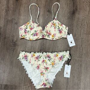 Shade And Shore Cream Pink Floral Underwire Bikini Set Ruched Size 34B Small NWT